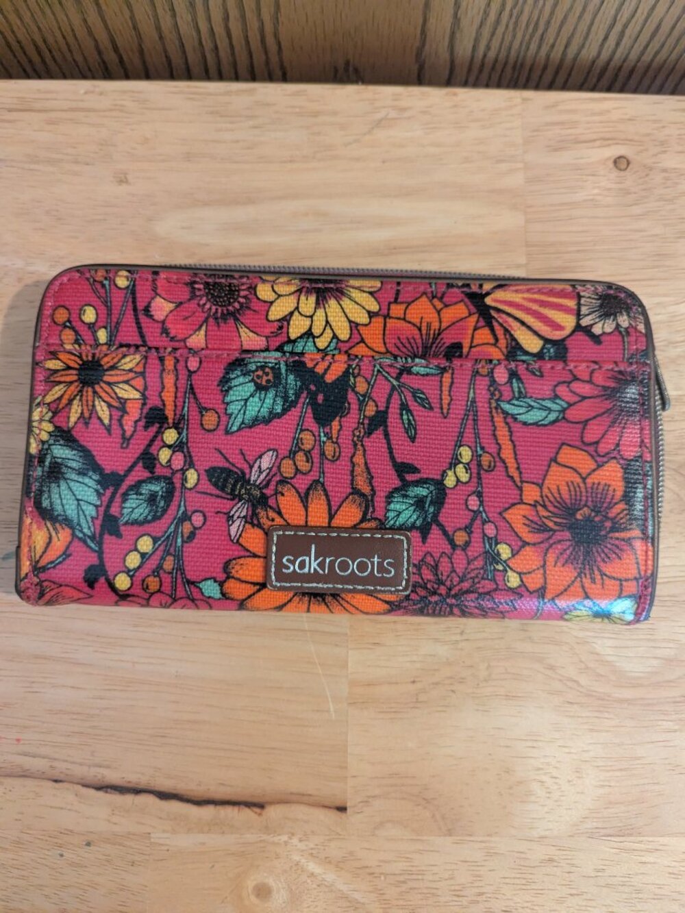 Sakroots Wraparound Zip Colorful Floral Butterfly Bumblebee Wallet Pink Large